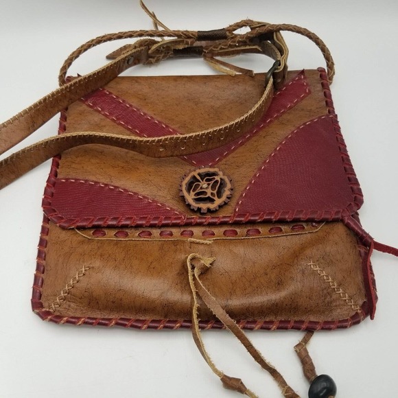 Ethnic Leather Boho Bag Brown & Burgundy 10"L x 10"W Crossbody Adjustable Strap - Picture 11 of 12